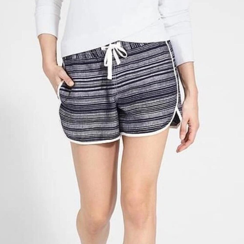 Athleta Sandbar Navy Blue White Striped Linen Dolphin Drawstring Beach Shorts 12
